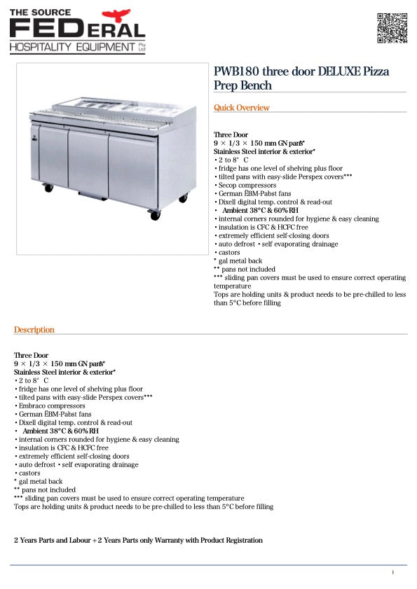 Thermaster PWB180 three door DELUXE Pizza Prep Bench 9 × 1/3 GN pans 1800mmW
