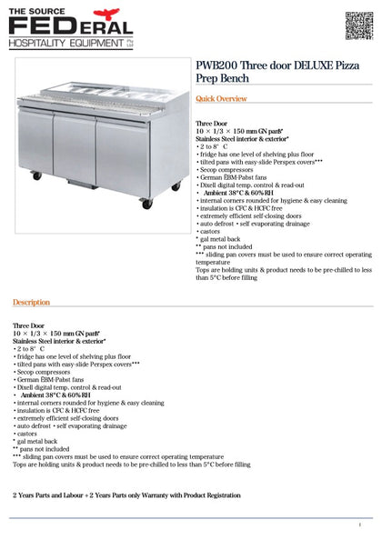 Thermaster PWB200 Three door DELUXE Pizza Prep Bench 10 × 1/3 GN pan 2000mmW