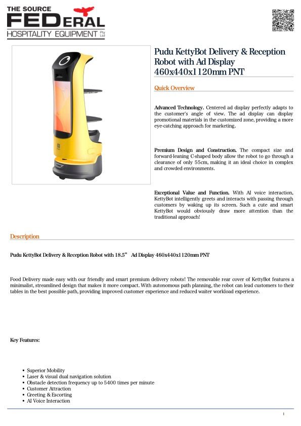 FED PNT Pudu KettyBot Delivery & Reception Robot with Ad Display 460x440x1120mm