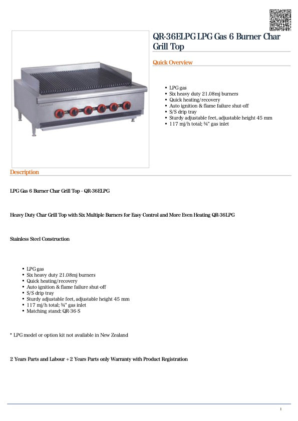 GasMax QR-36ELPG LPG Gas 6 Burner Char Grill Top