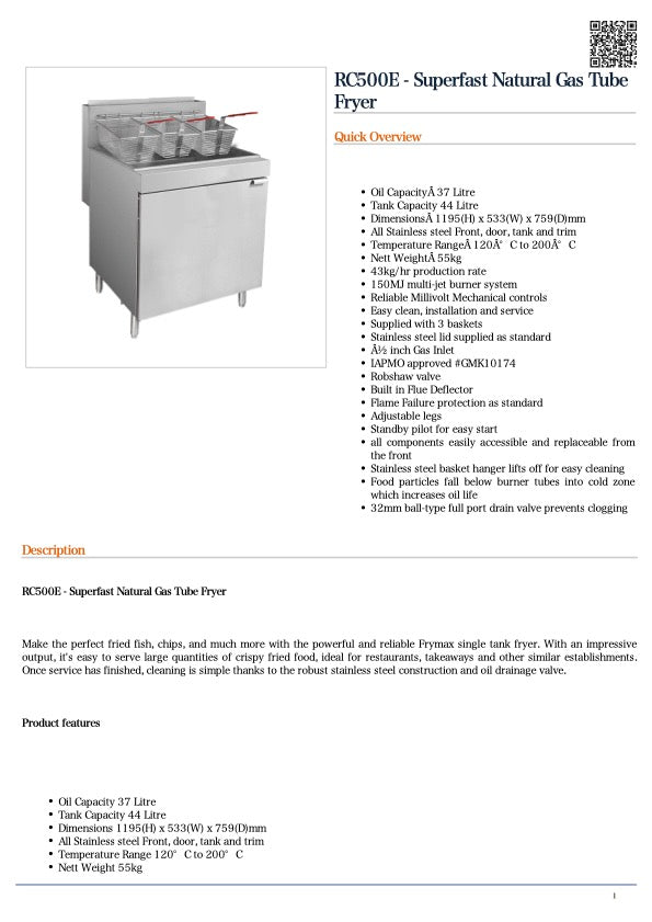 GasMax RC500E- Superfast Natural Gas Tube Fryer 533mm