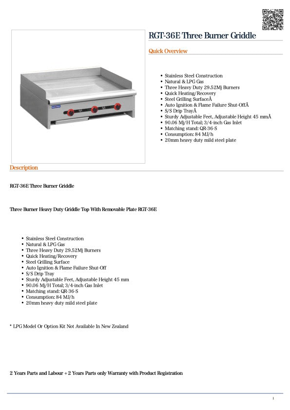 GasMax RGT-36E Three Burner Griddle