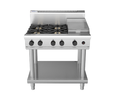 Waldorf / RNL8603G-LS_NAT / 900mm Gas Cooktop Low Back Version Leg Stand - 4 burner cooktop with 300mm griddle (132MJ, Natural Gas) / 174Kg / W900 x D805 x H972/ 1Y Warranty