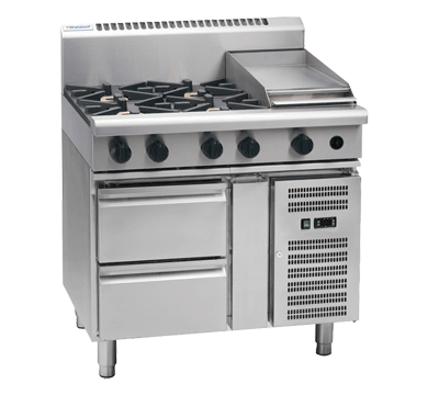 Waldorf / RN8603G-RB_LPG / 900mm Gas Cooktop - 4 burner cooktop with 300mm griddle on Refrigerated Base (132MJ, LPG) / 245Kg / W900 x D805 x H1130 / 1Y Warranty