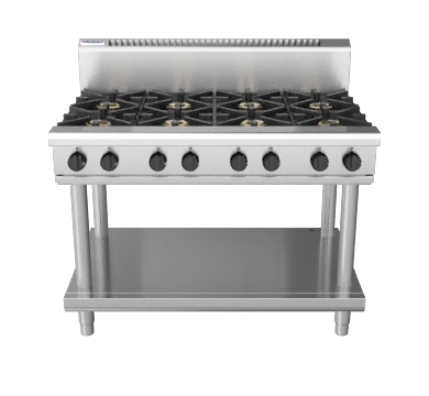 Waldorf / RNL8800G-LS_NAT / 1200mm Gas Cooktop Low Back Version- 8 Burner, Leg Stand (224MJ, Natural Gas) / 216kg / W1200 x D805 x H972 / 1Y Warranty