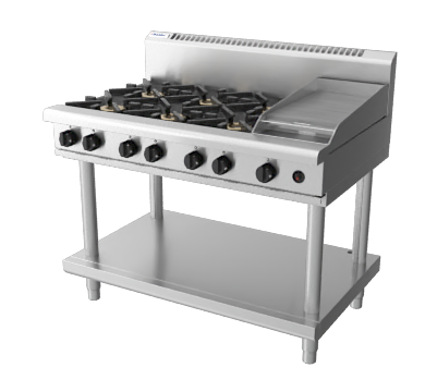 Waldorf / RN8803G-LS_LPG / 1200mm Gas Cooktop -6 burner cooktop with 300mm griddle, Leg Stand (188MJ, LPG) / 216kg / W1200 x D805 x H1130 / 1Y Warranty