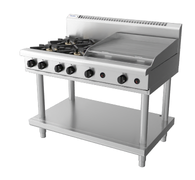 Waldorf / RN8806G-LS_LPG / 1200mm Gas Cooktop -4 burner cooktop with 600mm griddle, Leg Stand (188MJ, LPG Gas) / 216kg / W1200 x D805 x H1130 / 1Y Warranty
