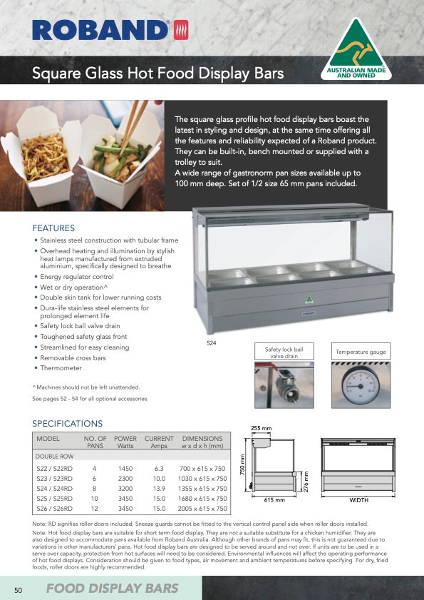 Roband S23RD Square Glass Hot Food Display Bars