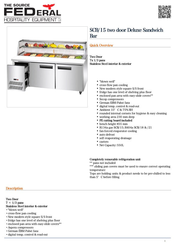 Thermaster SCB/15 two door Deluxe Sandwich Bar 1480mmW