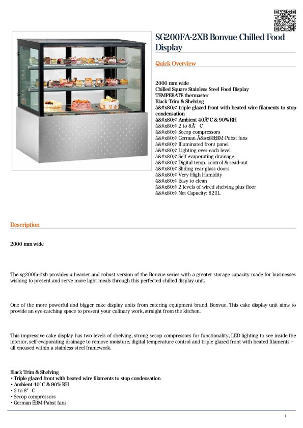 Bonvue SG200FA-2XB Bonvue Chilled Food Display 2000x700x1250