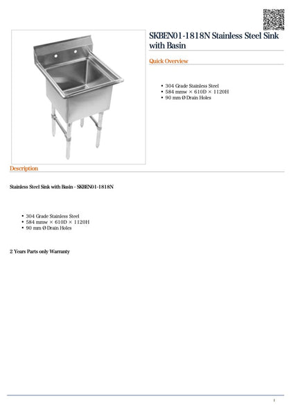 FED SKBEN01-1818N Stainless Steel Sink with Basin 584x610x1120