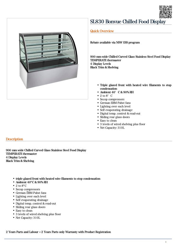 Bonvue SL830 Curved Glass Cold Food Display 900x740x1350