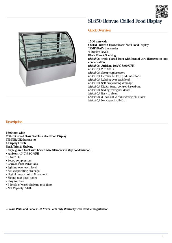 Bonvue SL850 Curved Glass Chilled Food Display 1500x740x1350