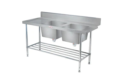 Simply Stainless / SS09.1650DBR / (600 Series) Double Sink Dishwasher Inlet Bench with Splashback - 1650mm Wide, Right Hand Inlet / 48kg / W1650 x D600 x  H900 / Lifetime Warranty