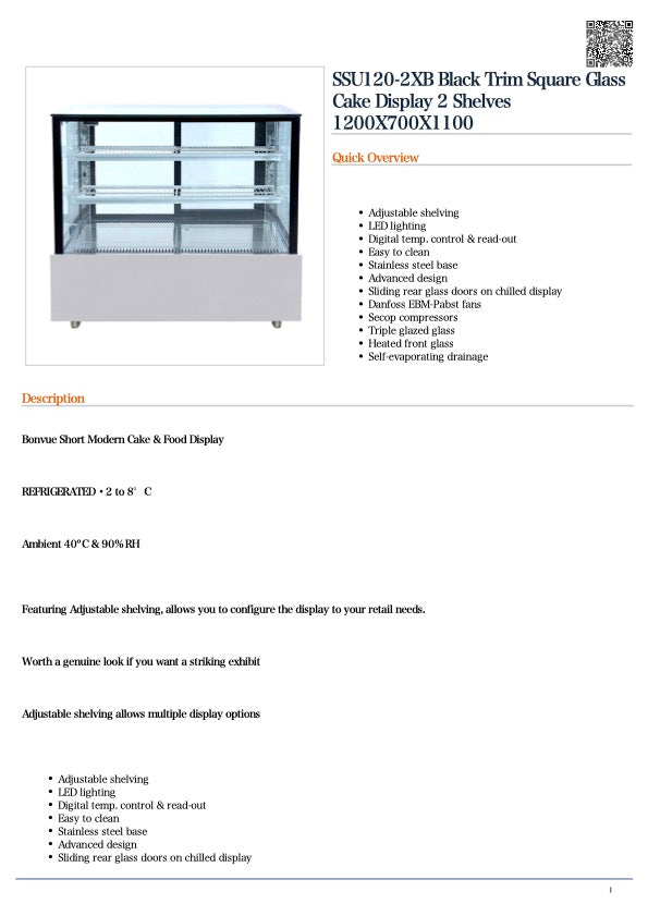 Bonvue SSU120-2XB Black Trim Square Glass Cake Display 2 Shelves 1200X700X1100