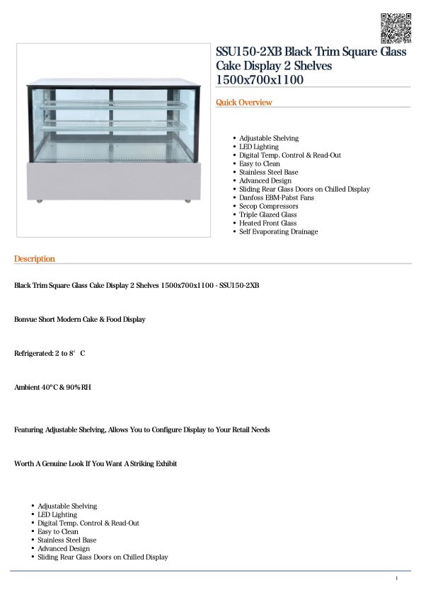 Bonvue SSU150-2XB Black Trim Square Glass Cake Display 2 Shelves 1500x700x1100