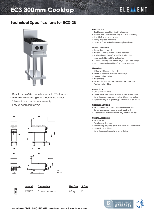 LUUS Element ECS-2B 2 Burner Cooktop 300mm