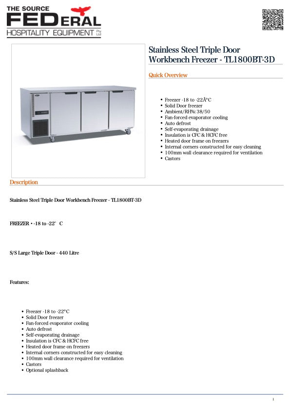 Thermaster TL1800BT-3D Stainless Steel Triple Door Workbench Freezer 361L 1800mmW