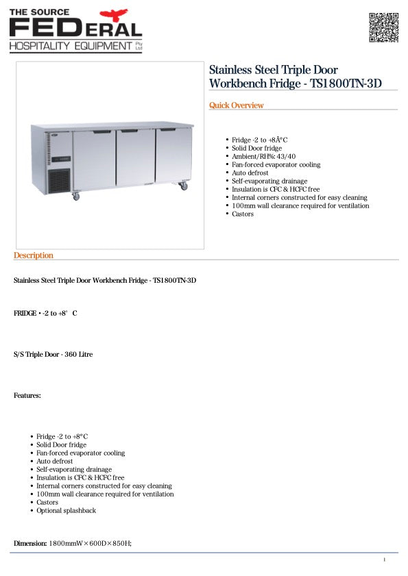 Thermaster TL1800TN-3D Stainless Steel Triple Door Workbench Fridge 360L W1800mm