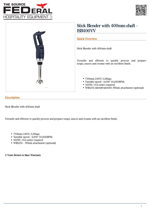 Yasaki Stick Blender with 400mm shaft - ISB400VV