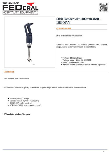 Yasaki Stick Blender with 400mm shaft - ISB400VV