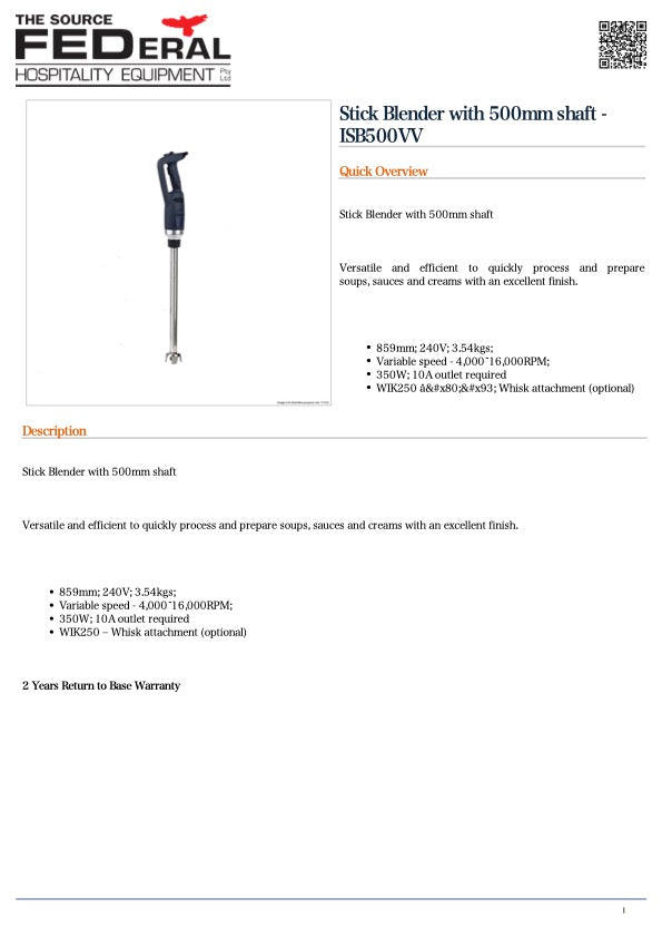 Yasaki Stick Blender with 500mm shaft - ISB500VV