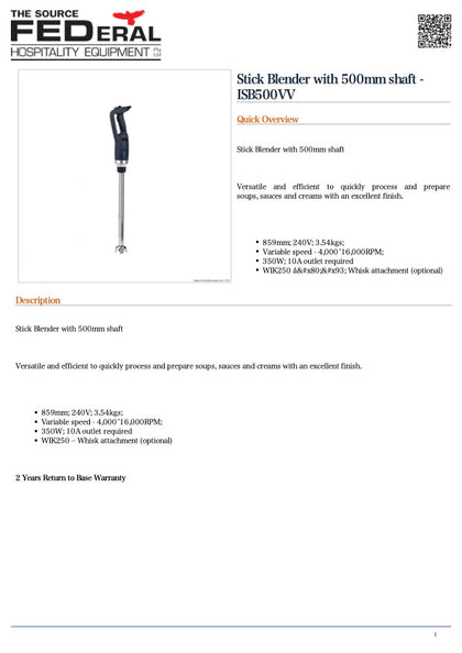 Yasaki Stick Blender with 500mm shaft - ISB500VV
