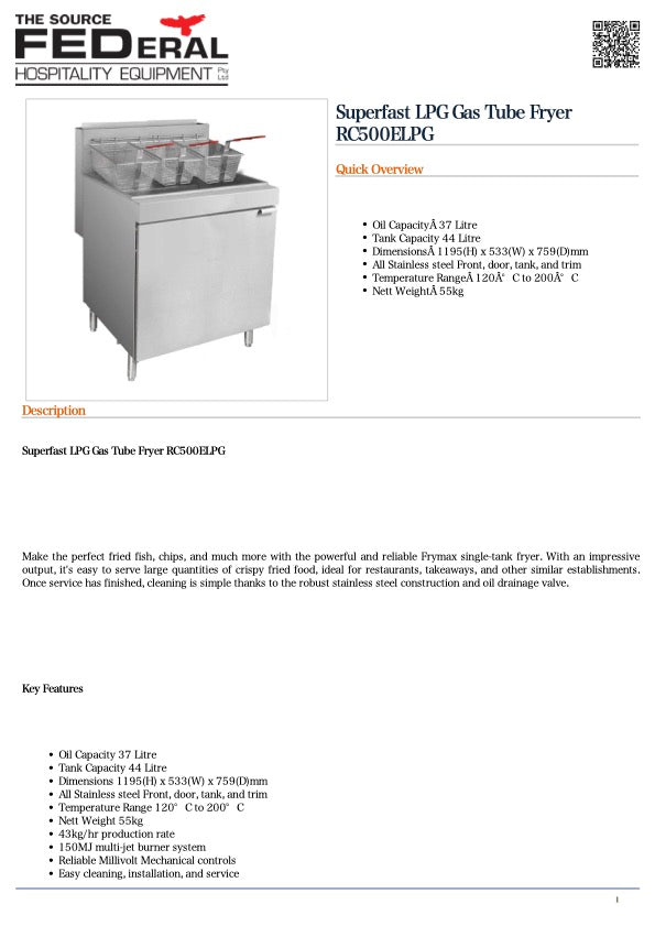 GasMax RC500ELPG - Superfast LPG Gas Tube Fryer 533mm
