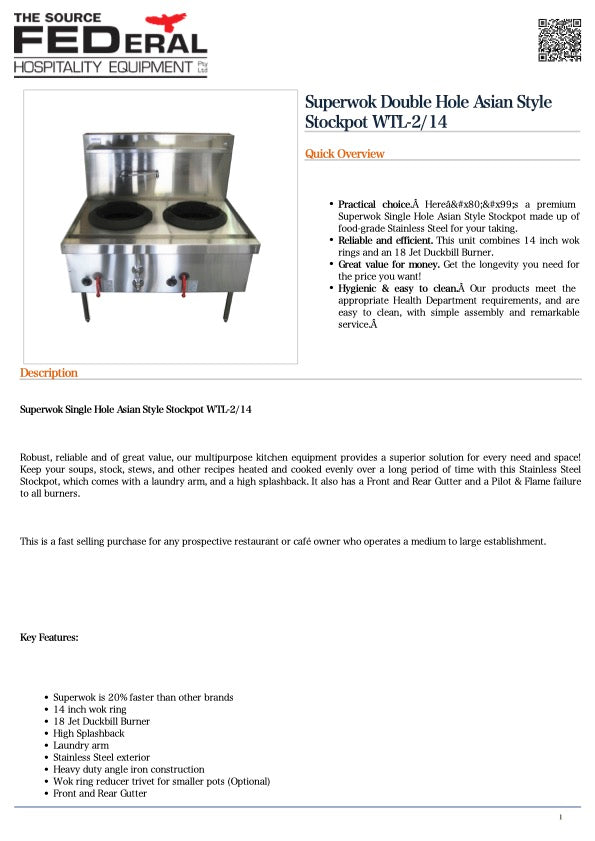 FED WTL-2/14 Superwok Double Hole Asian Style Stockpot