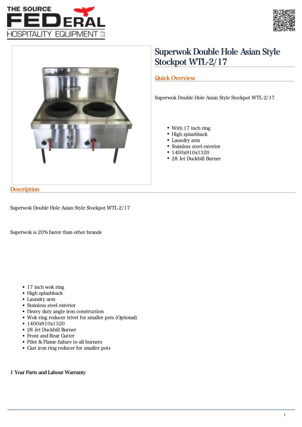 FED WTL-2/17 Superwok Double Hole Asian Style Stockpot