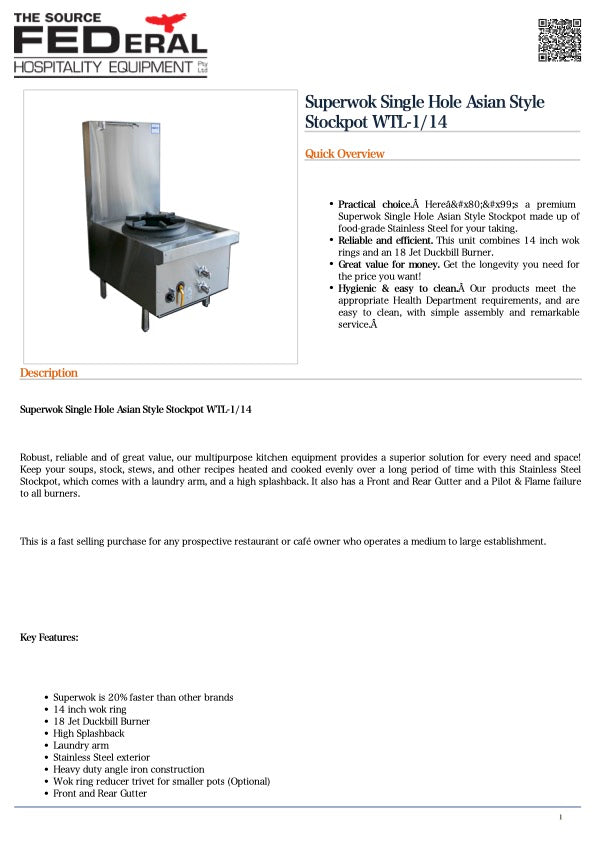 FED WTL-1/14 Superwok Single Hole Asian Style Stockpot