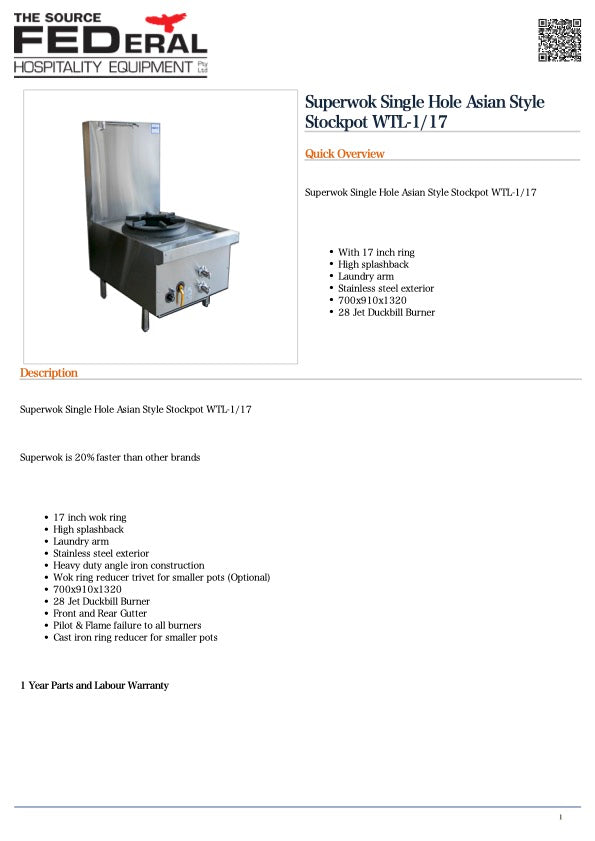 FED WTL-1/17 Superwok Single Hole Asian Style Stockpot