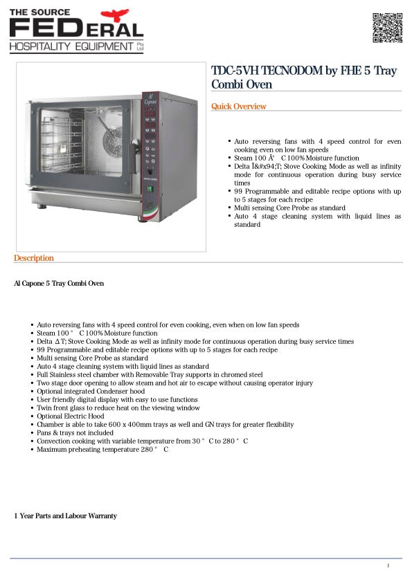 TECNODOM TDC-5VH TECNODOM by FHE 5 Tray Combi Oven