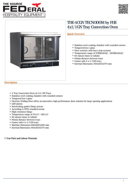 Tecnodom TDE-4CGN TECNODOM by FHE 4x1/1GN Tray Convection Oven