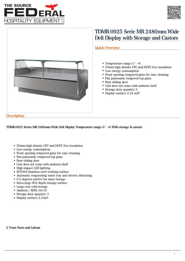 Tecnodom TDMR-0925 Serie MR 2480mm Wide Deli Display with Storage and Castors
