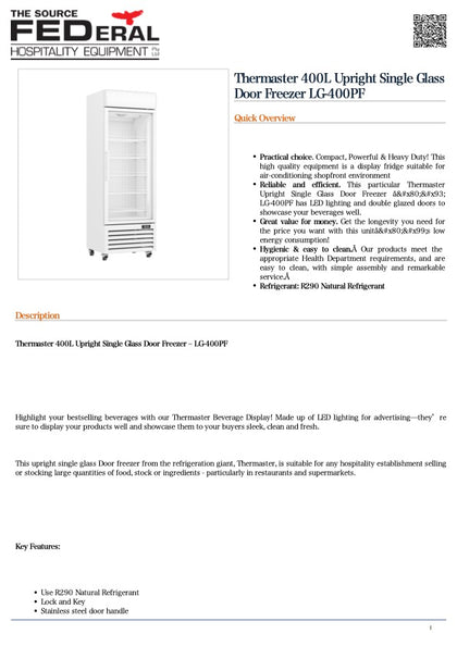 FED LG-400PF Thermaster 400L Upright Single Glass Door Freezer