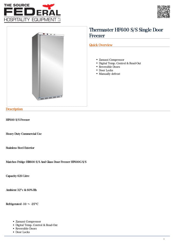 Thermaster HF600 SS Single Door Freezer 620L