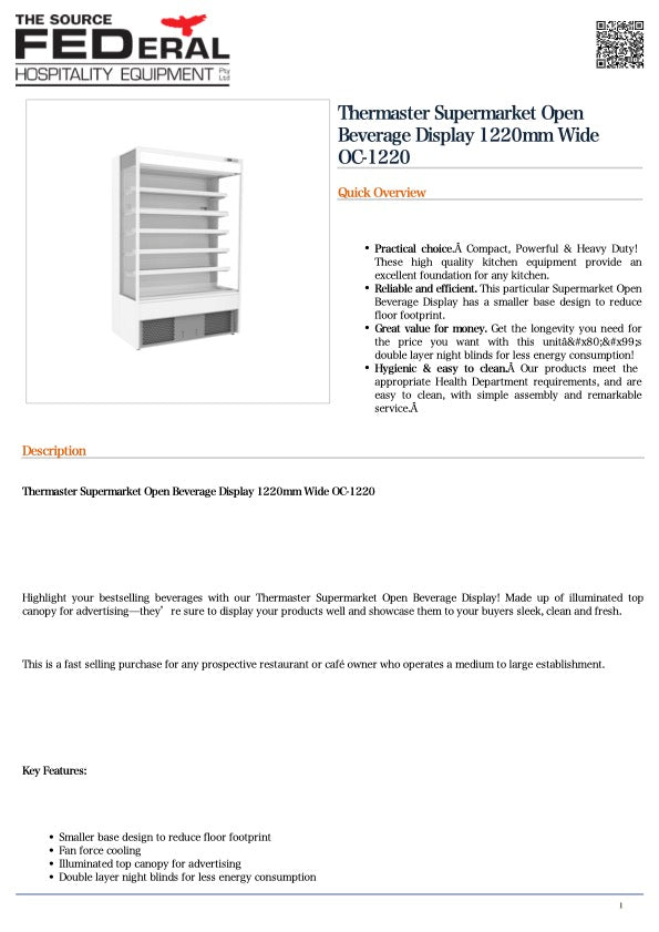 Thermaster OC-1220 Supermarket Open Beverage Display 1220mm Wide