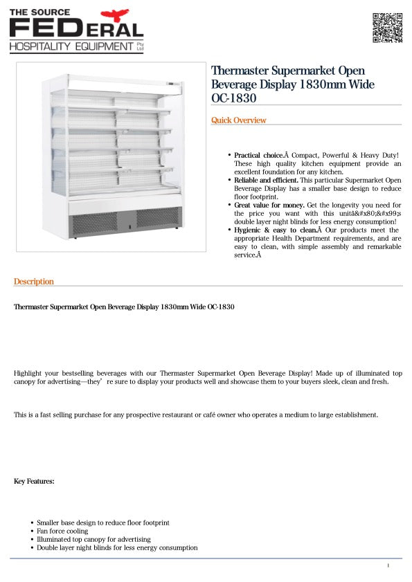 Thermaster OC-1830 Supermarket Open Beverage Display 1830mm Wide