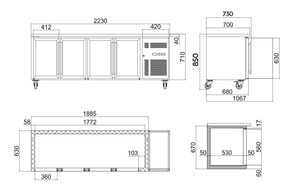 Bromic UBC2230GD-NR Four Glass Door Under Bench Fridge 553L