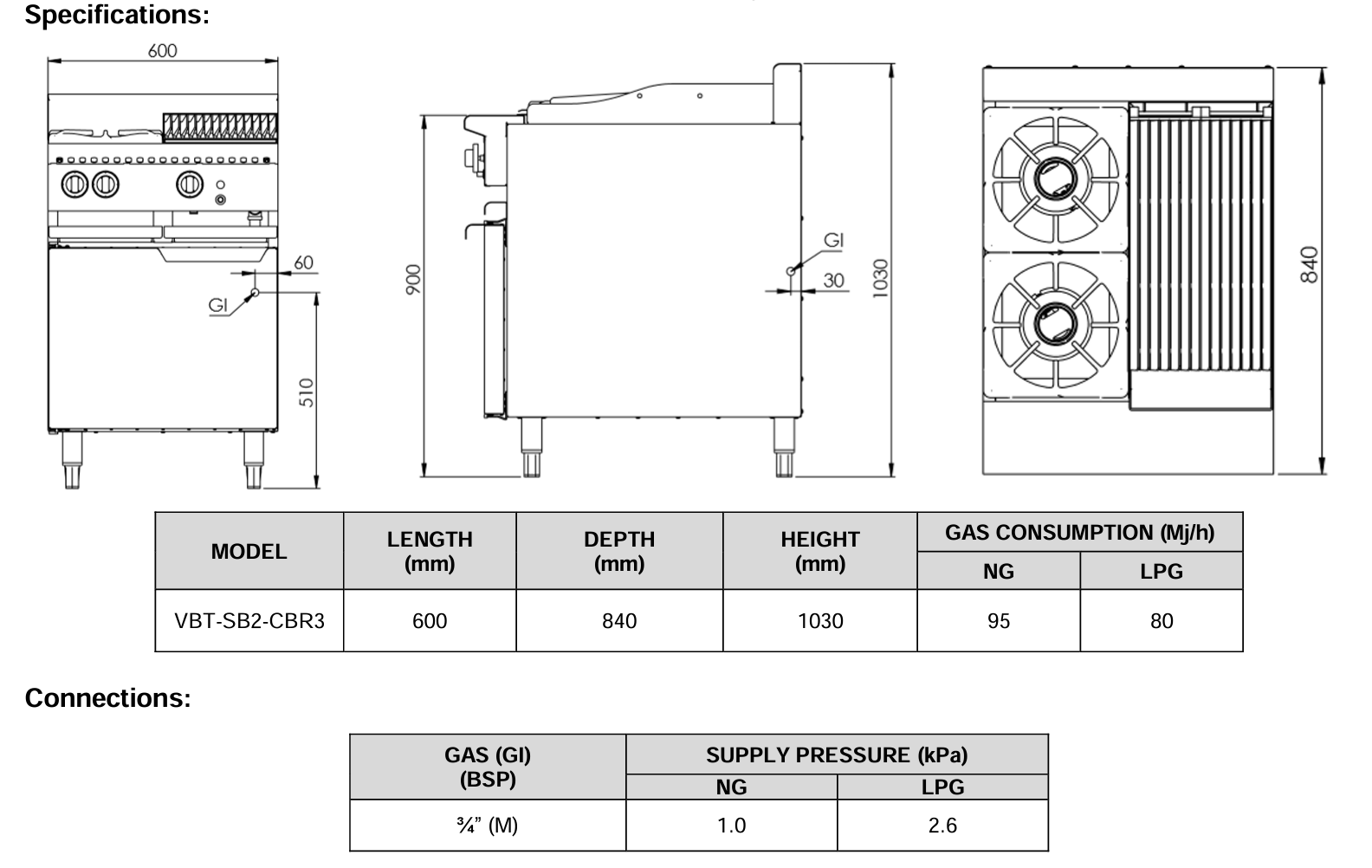 B+S Verro Combination Two Open Burners & 300mm Char Broiler VBT-SB2-CBR3