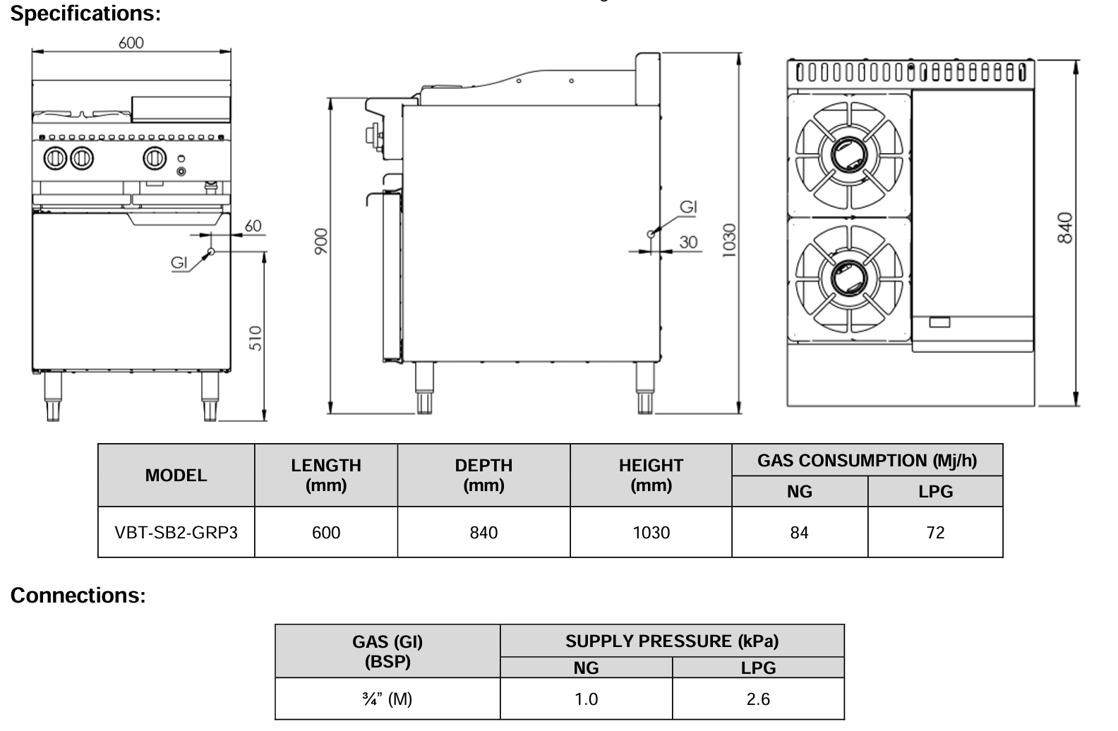 B+S Verro Combination Two Open Burners & 300mm Grill Plate VBT-SB2-GRP3