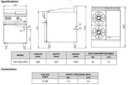 B+S Verro Combination Two Open Burners & 300mm Grill Plate VBT-SB2-GRP3