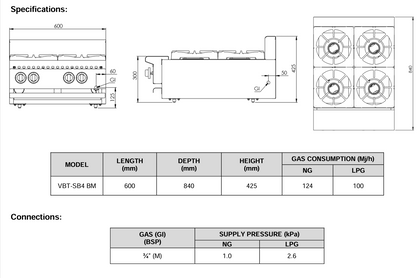 B+S Verro Four Burner Boiling Top Bench Mounted VBT-SB4BM