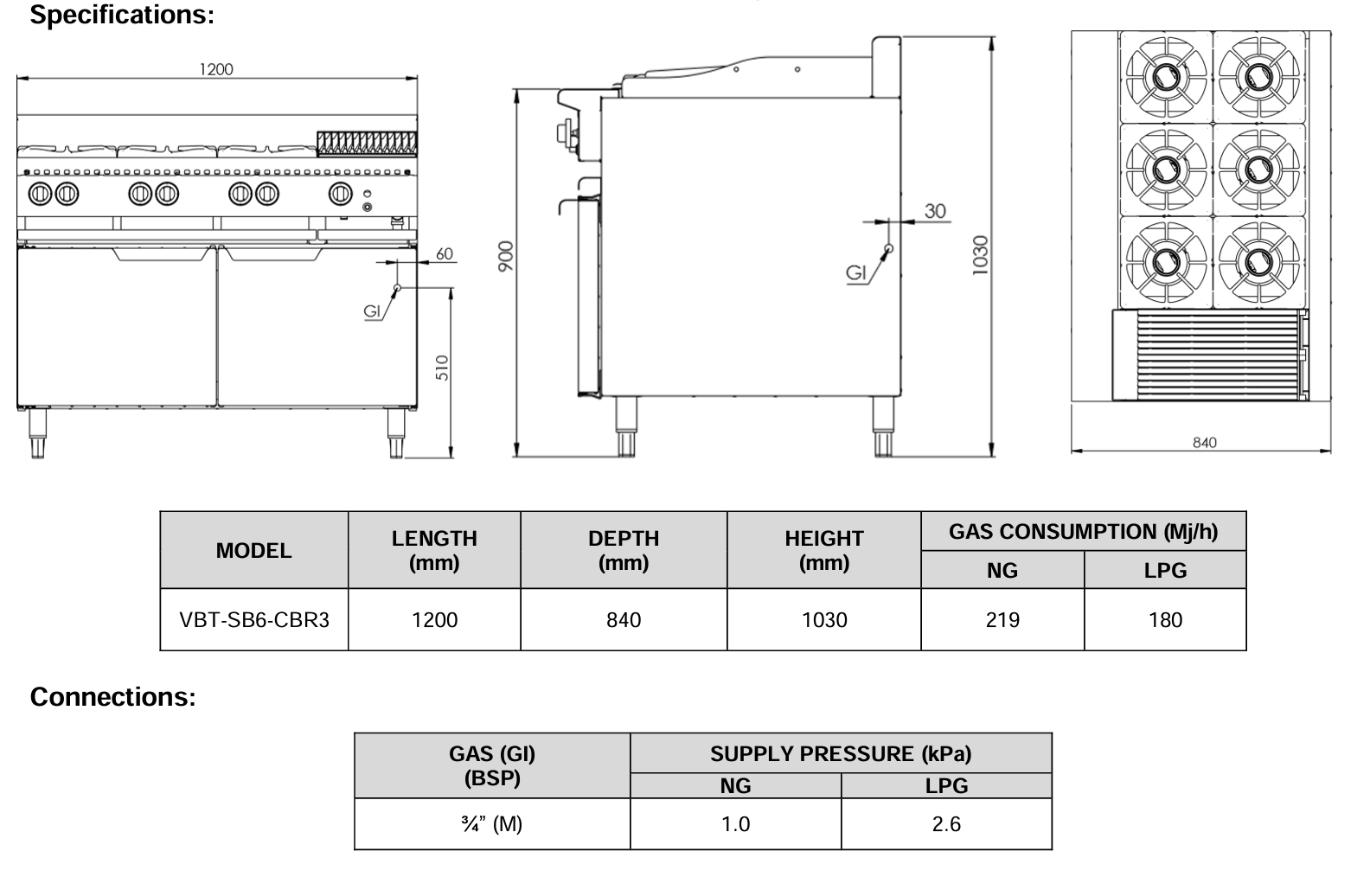 B+S Verro Combination Six Open Burners & 300mm Char Broiler VBT-SB6-CBR3
