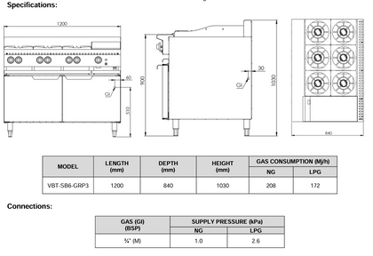 B+S Verro Combination Six Open Burners & 300mm Grill Plate VBT-SB6-GRP3