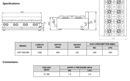 B+S Verro Boiling Tops Eight Burner Bench Mounted VBT-SB8BM