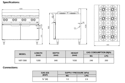 B+S Verro Eight Burner Boiling Top VBT-SB8