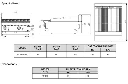 B+S Verro Char Broiler 600mm Bench Mounted VCBR-6BM