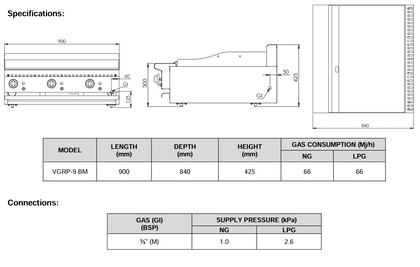 B+S Verro Grill Plate 900mm Bench Mounted VGRP-9BM